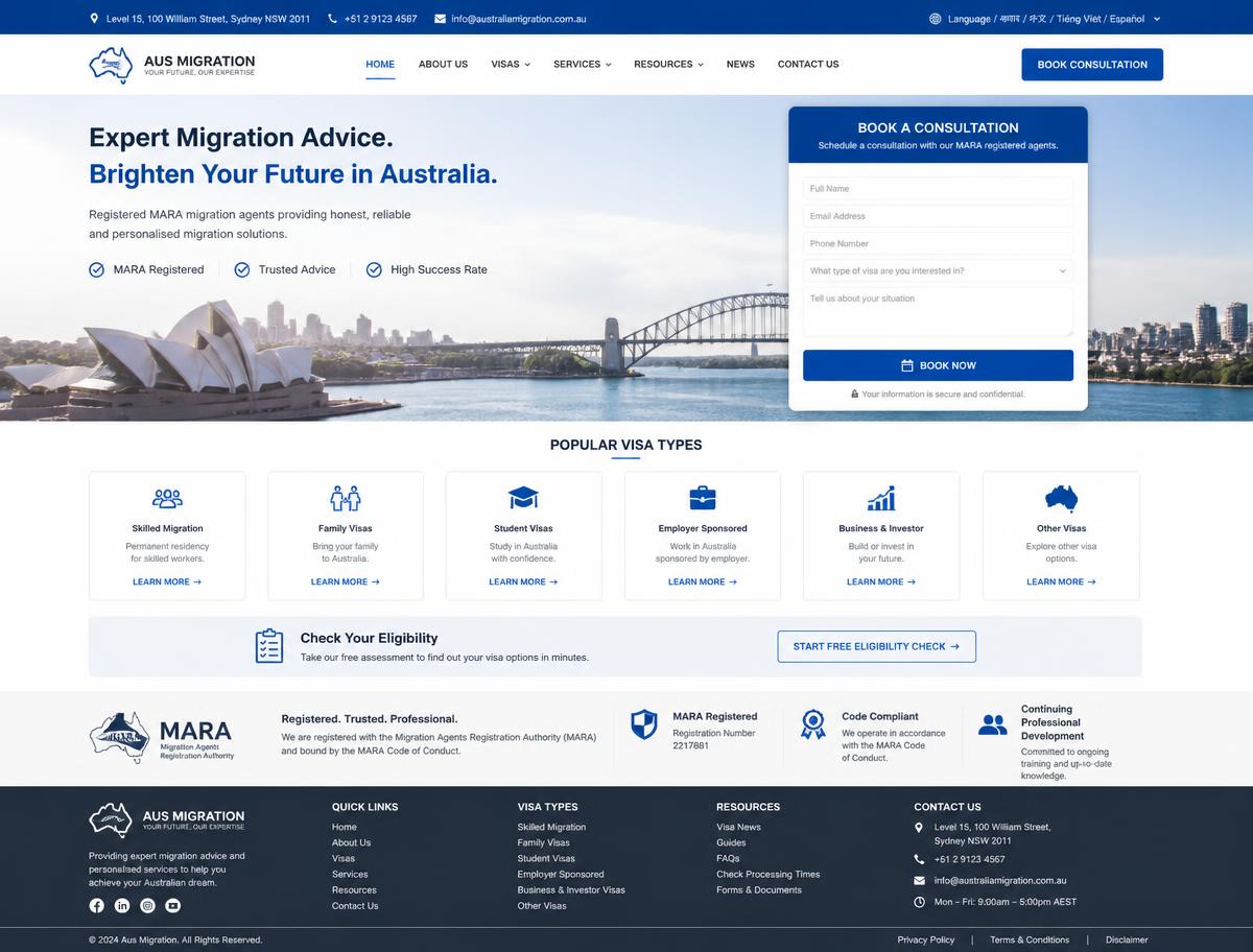 Design concept homepage for an Australian migration agent website
