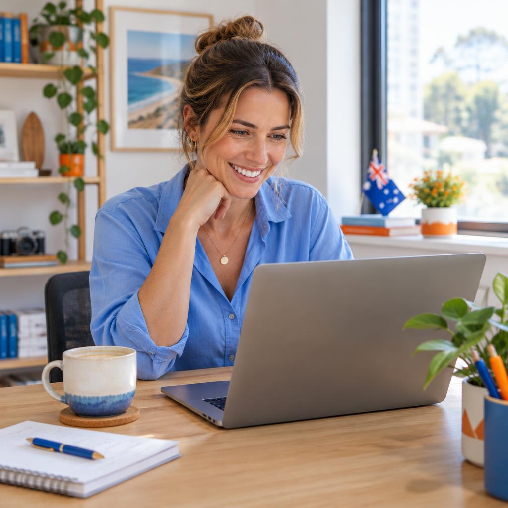 A business owner smiling while reviewing her newly designed website on a laptop