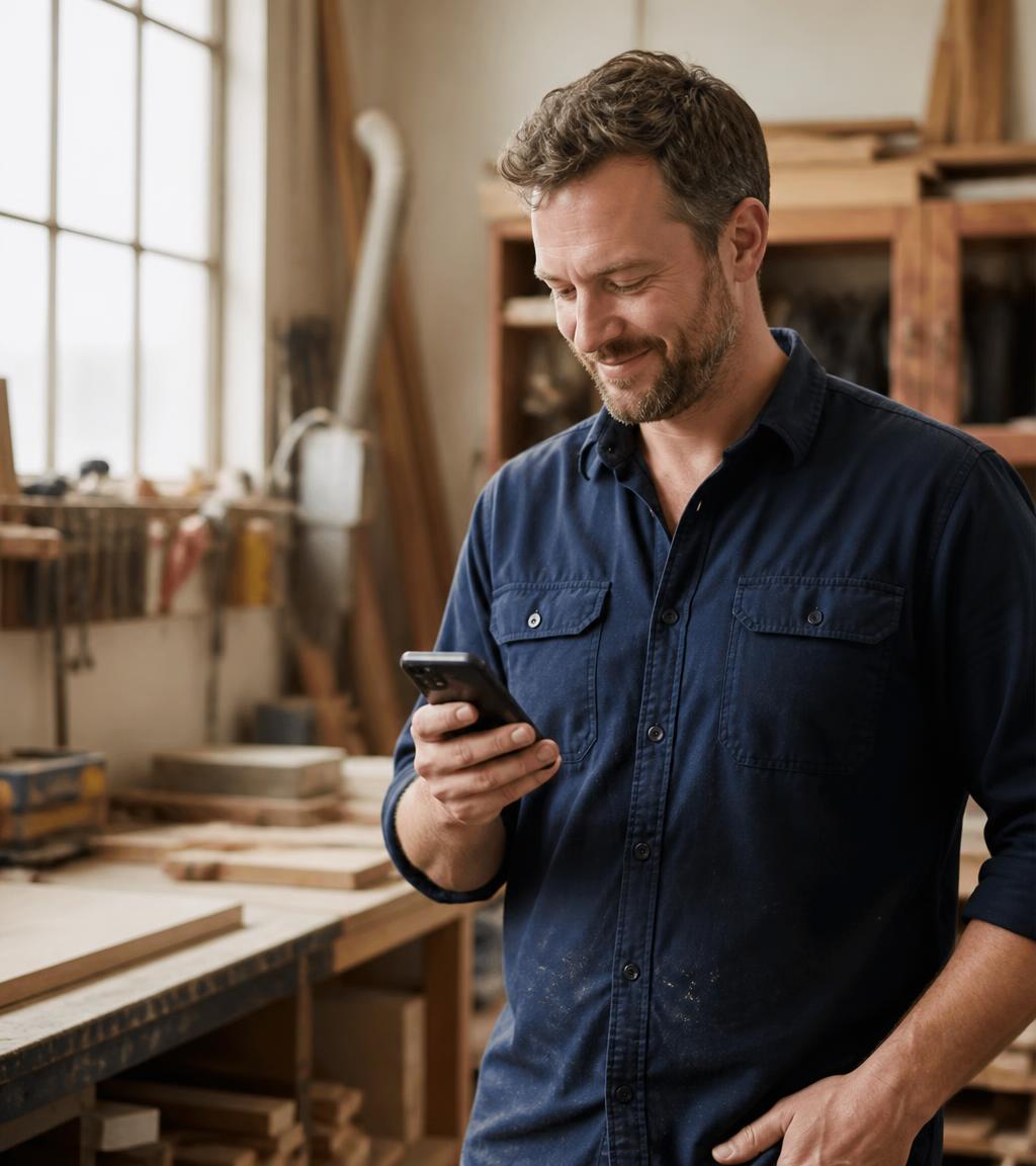 An Australian workshop owner pausing mid-job to read a new website enquiry on his phone