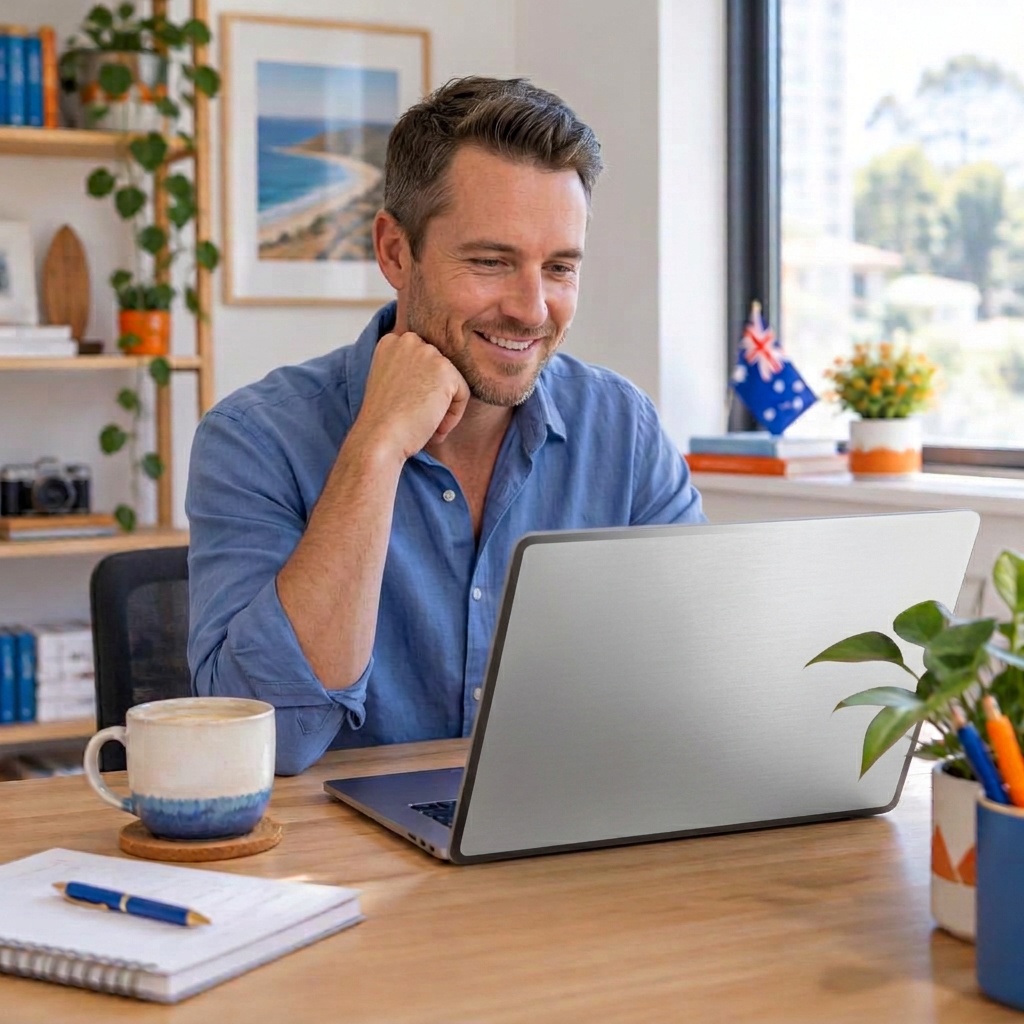 A business owner at his desk, smiling as he reviews his new website on his laptop