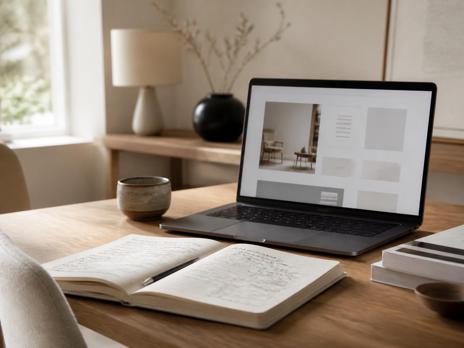 Website strategy notes beside a laptop showing a website layout in progress